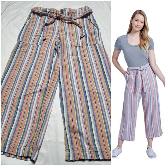 Seven7 Linen  Multicolor Striped Wide Leg Cropped Summer Pants Size 6 - Picture 1 of 13